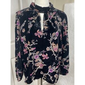 Cache Women's Large Black Floral Velvet Blouse Keyhole Mock Neck Long‎ Sleeve